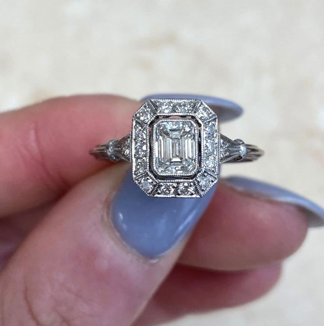 Handcrafted Platinum Art Deco Style Diamond Halo Ring 0.78 CT- Emerald Cut Diamond Halo Engagement Ring - Promise Ring - Vintage Style Ring