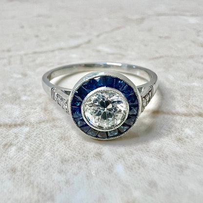 Fine Art Deco Style Handcrafted Platinum 0.50 Carat Old European Diamond & Sapphire Halo Engagement Ring - WeilJewelry