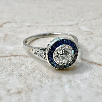 Fine Art Deco Style Handcrafted Platinum 0.50 Carat Old European Diamond & Sapphire Halo Engagement Ring - WeilJewelry