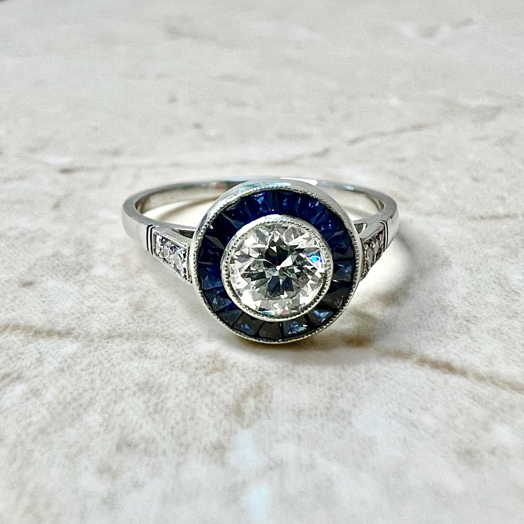 Fine Handcrafted Platinum Art Deco Style Diamond & Sapphire Halo Ring - Diamond Halo Engagement Ring - Promise Ring - Vintage Style Ring