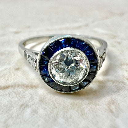 Fine Handcrafted Platinum Art Deco Style Diamond & Sapphire Halo Ring - Diamond Halo Engagement Ring - Promise Ring - Vintage Style Ring