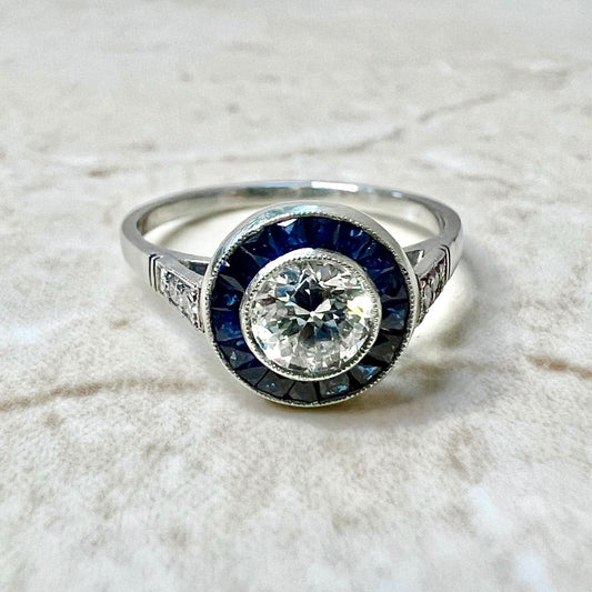Fine Handcrafted Platinum Art Deco Style Diamond & Sapphire Halo Ring - Diamond Halo Engagement Ring - Promise Ring - Vintage Style Ring