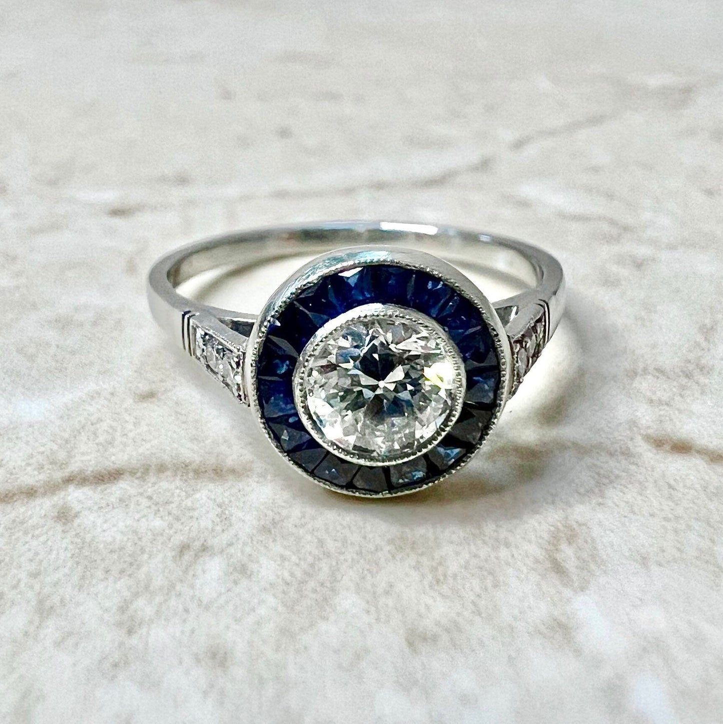 Fine Art Deco Style Handcrafted Platinum 0.50 Carat Old European Diamond & Sapphire Halo Engagement Ring - WeilJewelry