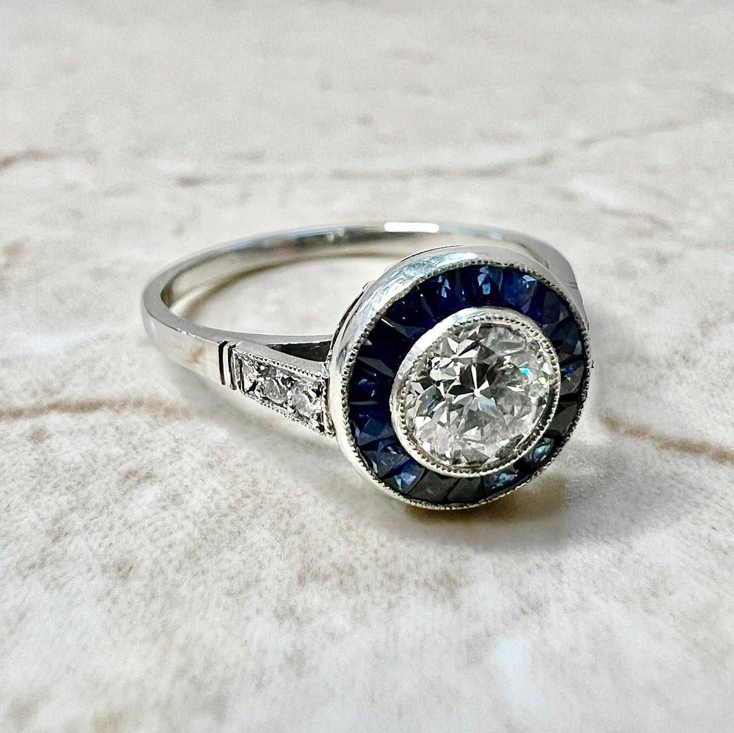 Fine Art Deco Style Handcrafted Platinum 0.50 Carat Old European Diamond & Sapphire Halo Engagement Ring - WeilJewelry