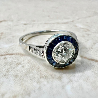 Fine Handcrafted Platinum Art Deco Style Diamond & Sapphire Halo Ring - Diamond Halo Engagement Ring - Promise Ring - Vintage Style Ring