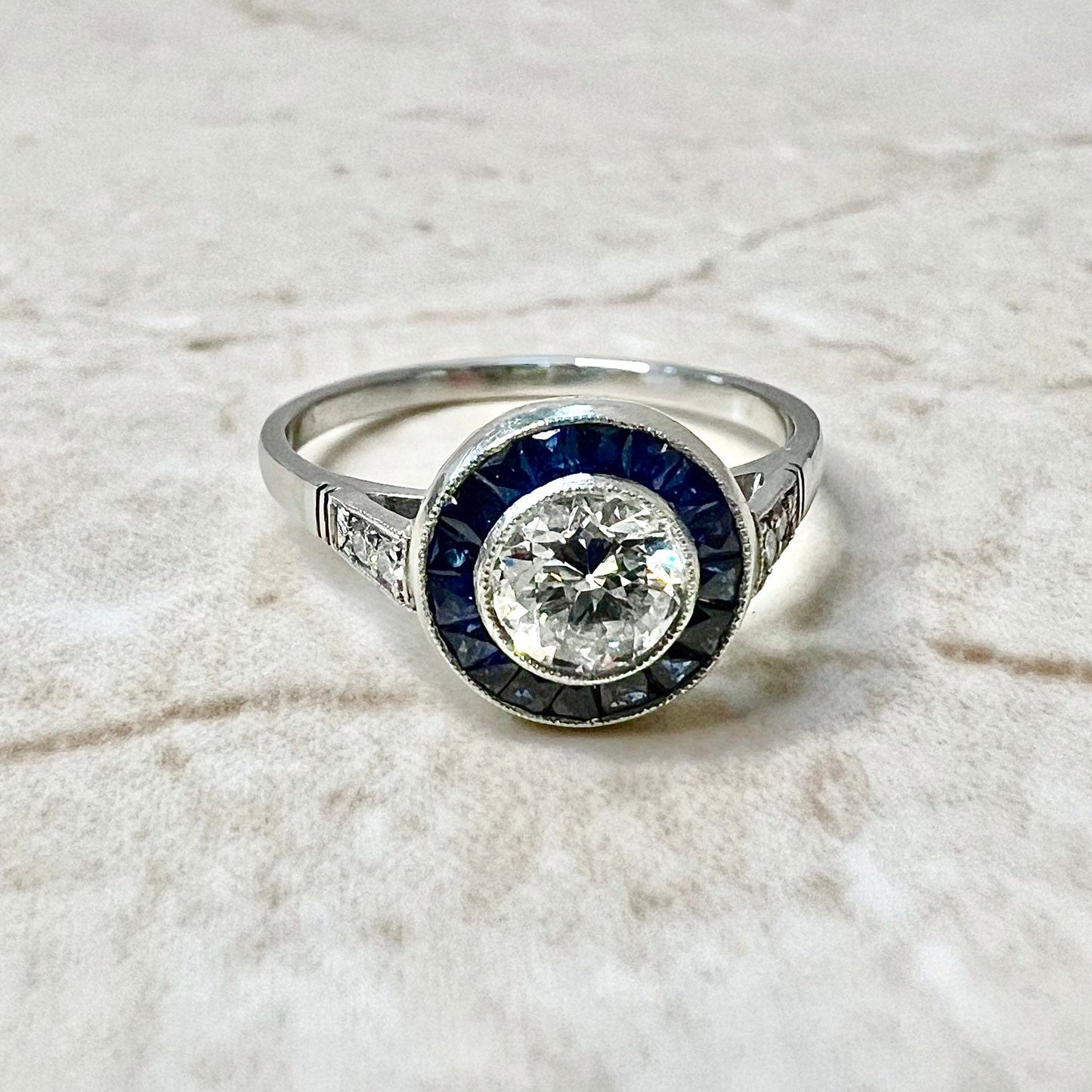 Fine Art Deco Style Handcrafted Platinum 0.50 Carat Old European Diamond & Sapphire Halo Engagement Ring - WeilJewelry