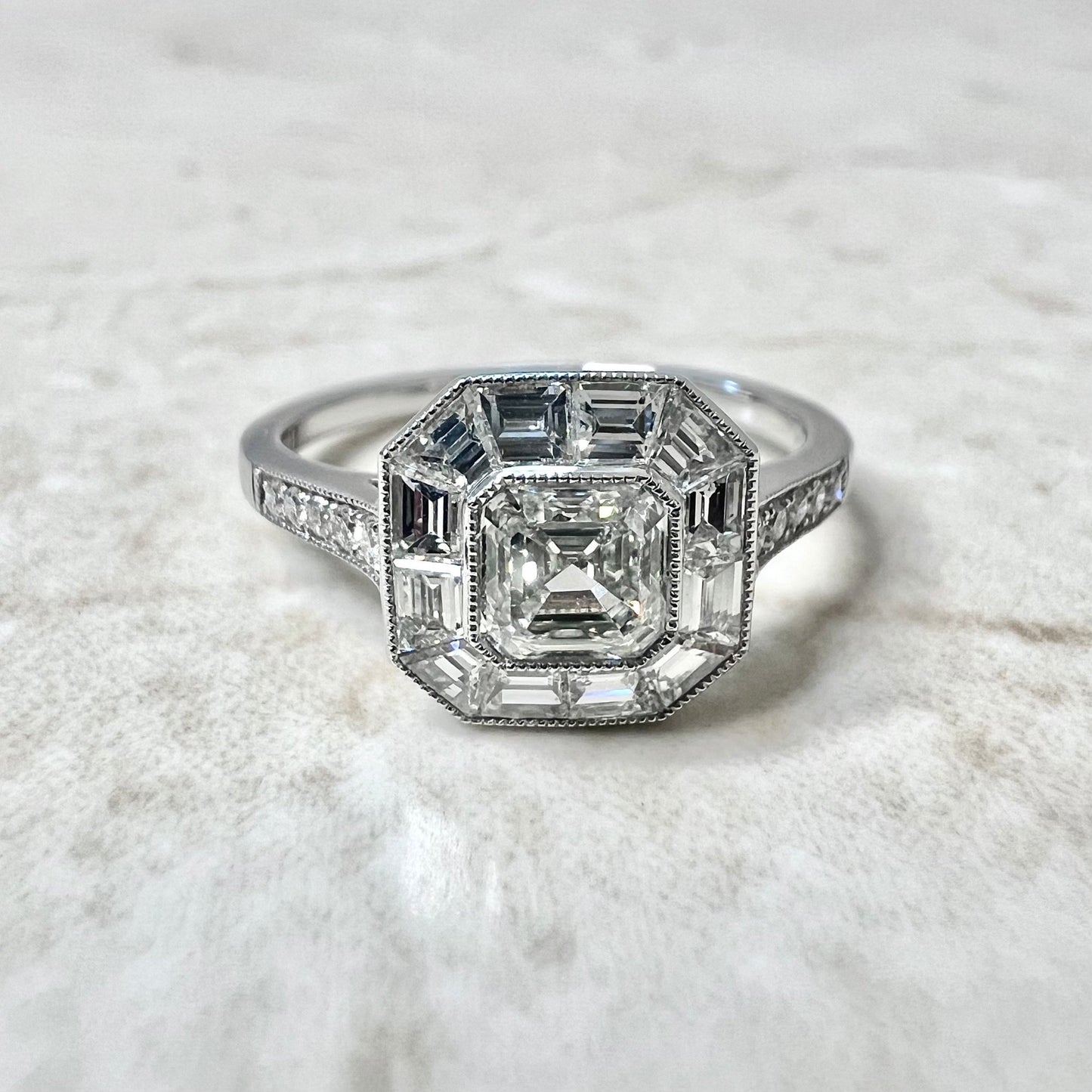 Fine Handcrafted Platinum Art Deco Style Diamond Halo Ring - Asscher Cut Diamond Halo Engagement Ring - Promise Ring - Vintage Style Ring
