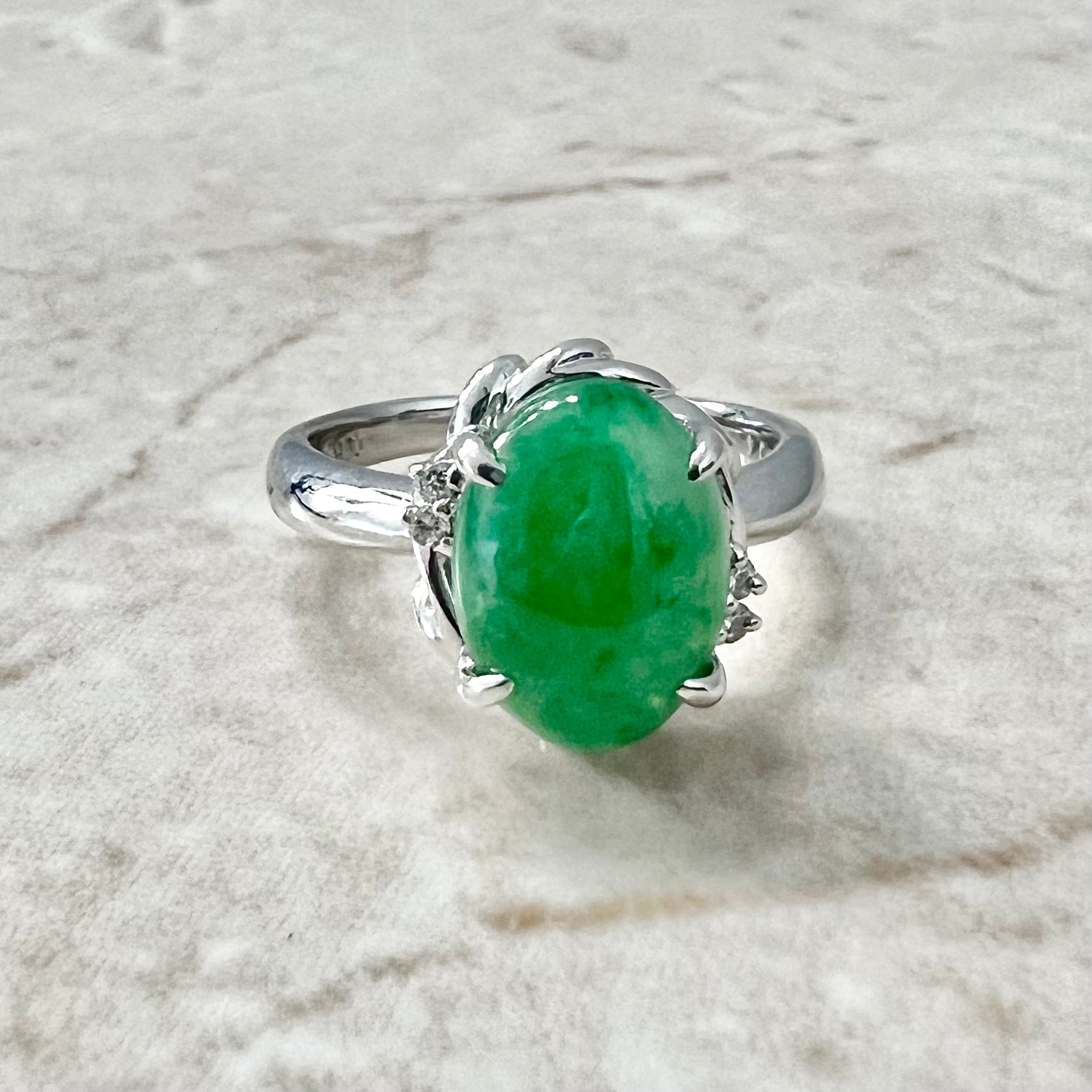 Fine Estate Platinum Natural 2.74 Carats Green Jadeite & Diamond Ring - WeilJewelry