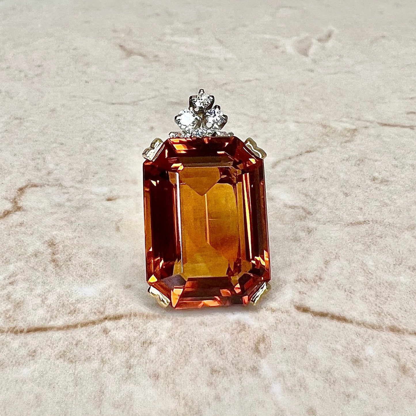 Fine Large 14 Karat Two - Tone Gold Emerald Cut Citrine & Diamond Pendant - WeilJewelry