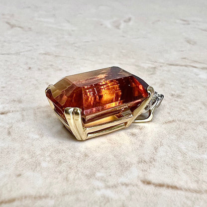 Fine Large 14 Karat Two - Tone Gold Emerald Cut Citrine & Diamond Pendant - WeilJewelry