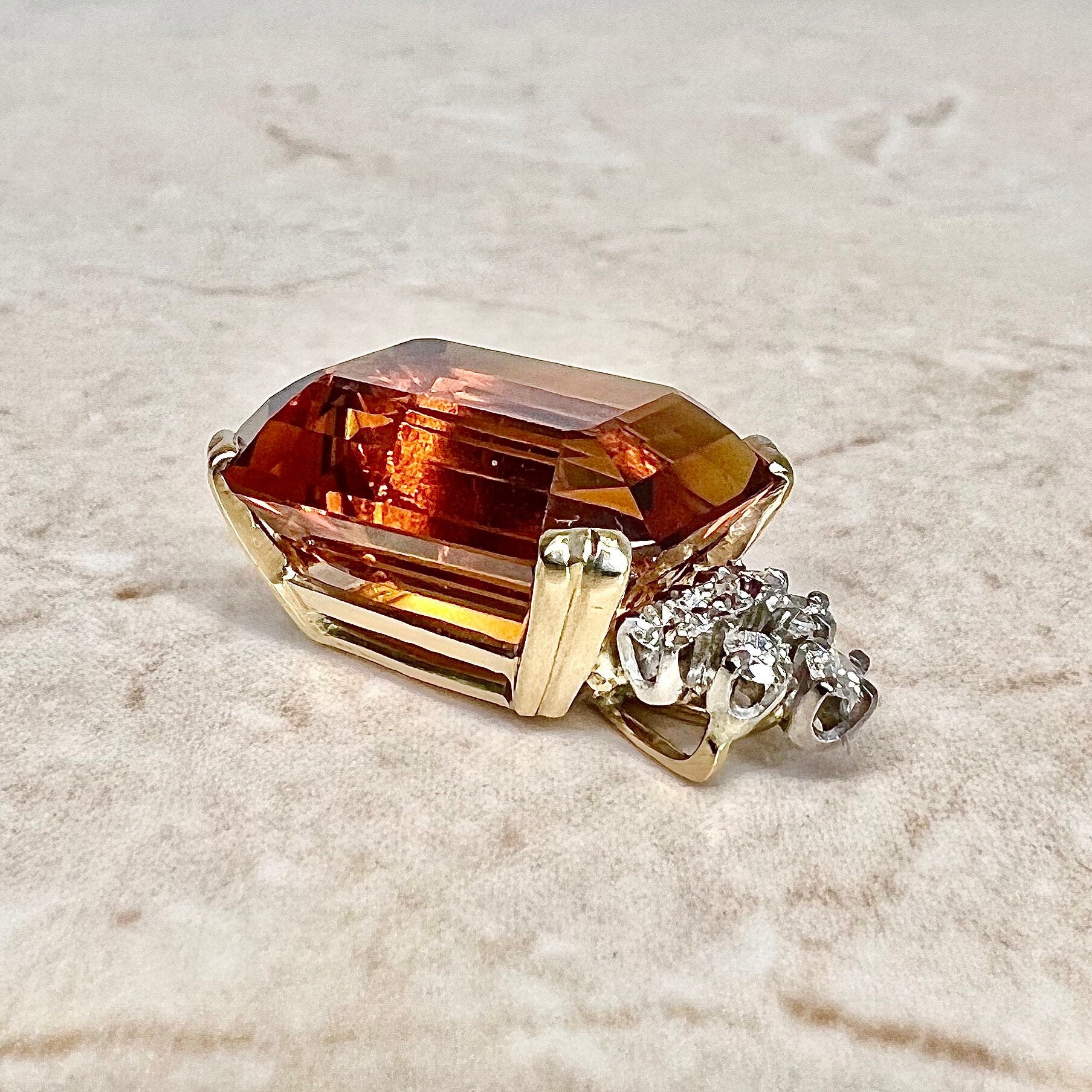 Fine Large 14 Karat Two - Tone Gold Emerald Cut Citrine & Diamond Pendant - WeilJewelry