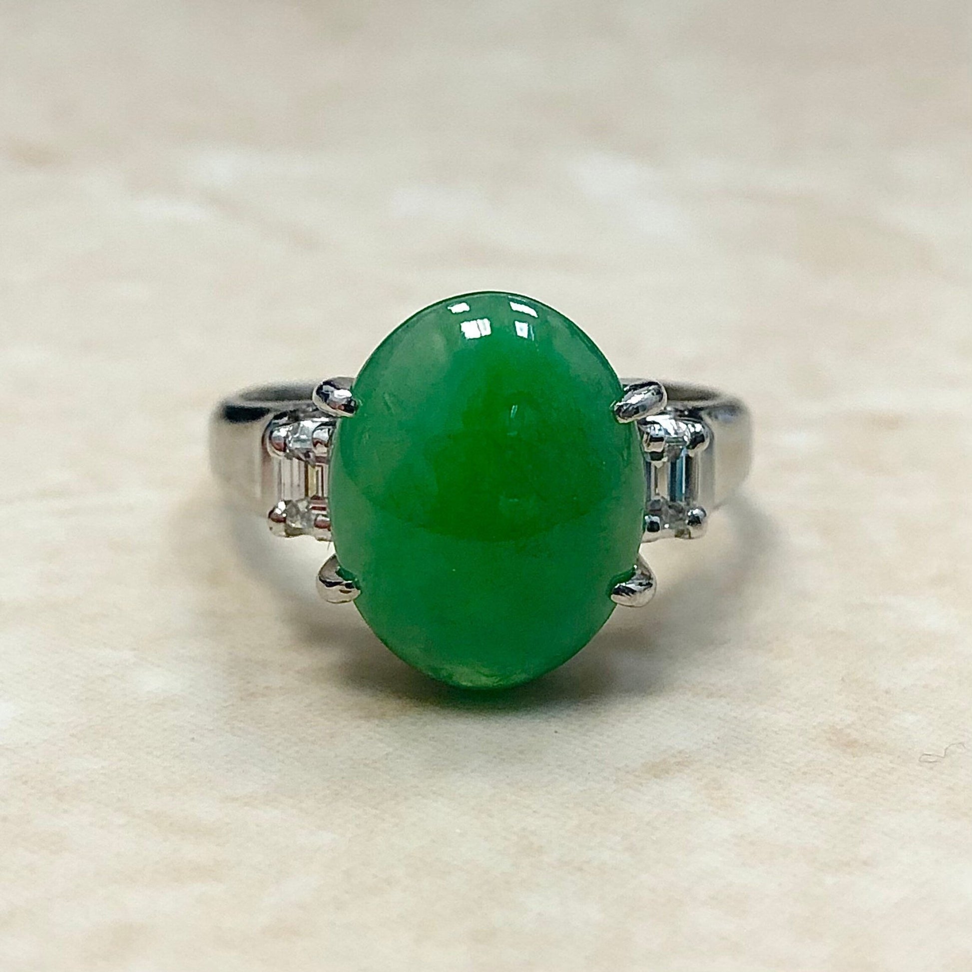 Fine Platinum 4.85 Carats Green Jadeite Jade & Diamond Cocktail Ring - WeilJewelry