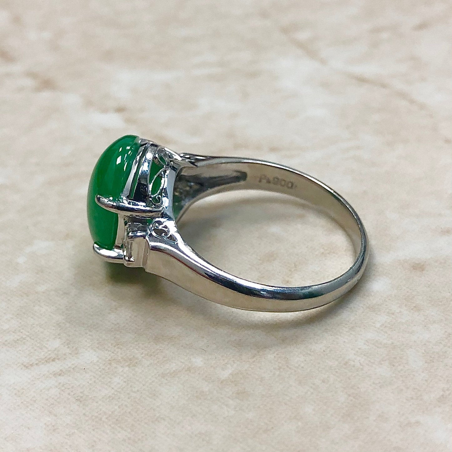Fine Platinum Natural Jadeite And Diamond Cocktail Ring - Jade Ring - Size 7.25 - Birthday Gift