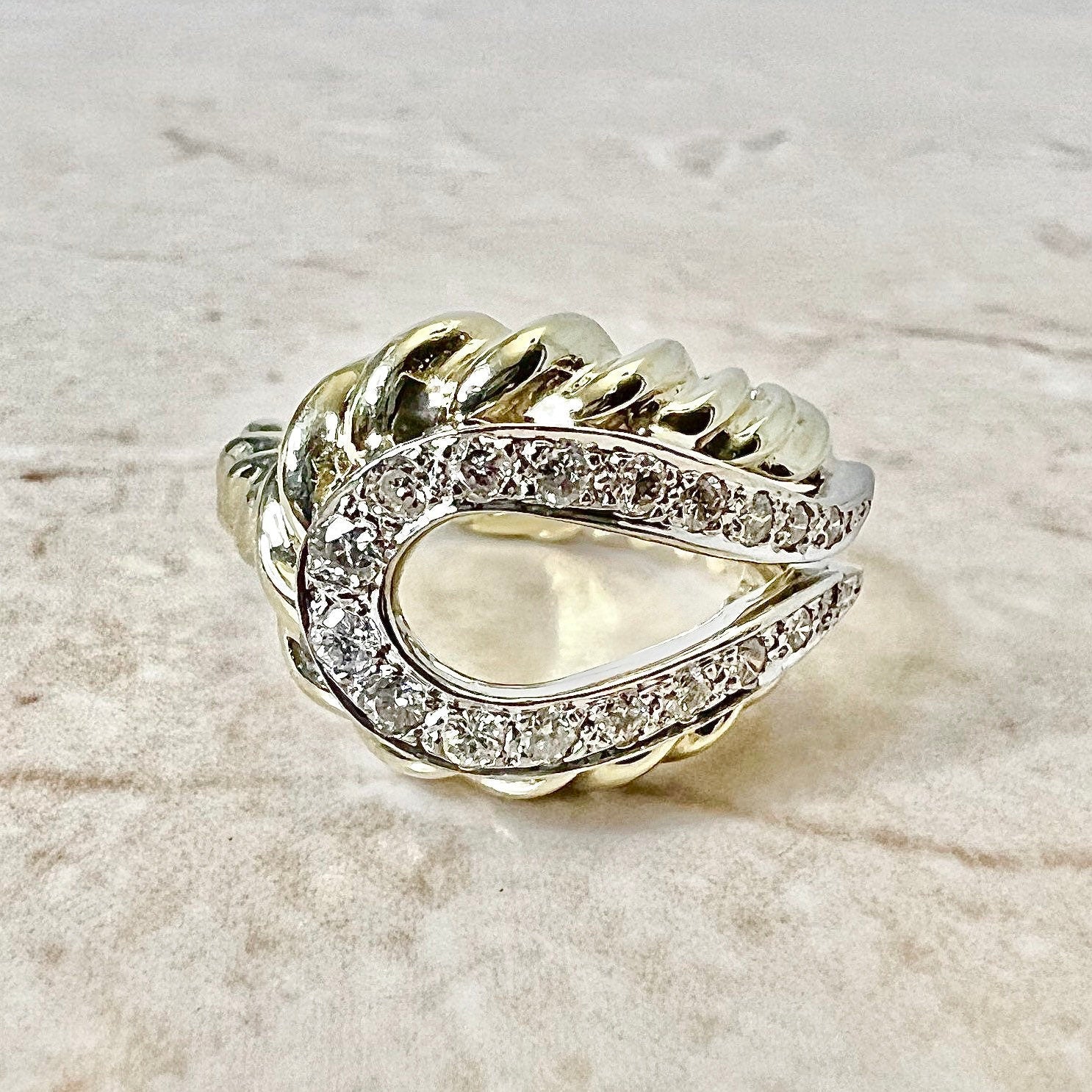 Fine Vintage 14K Rope Diamond Ring - Two Tone Gold Diamond Cocktail Ring - Anniversary Ring - Birthday Gift - Holiday Gift