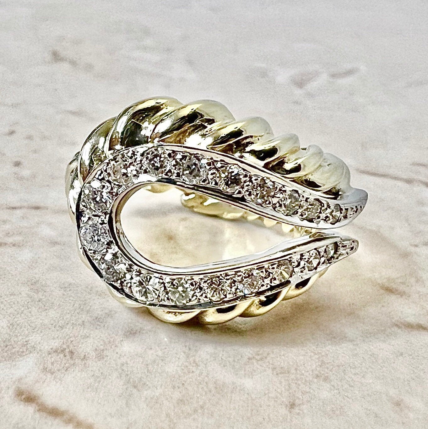 Fine Vintage 14K Rope Diamond Ring - Two Tone Gold Diamond Cocktail Ring - Anniversary Ring - Birthday Gift - Holiday Gift