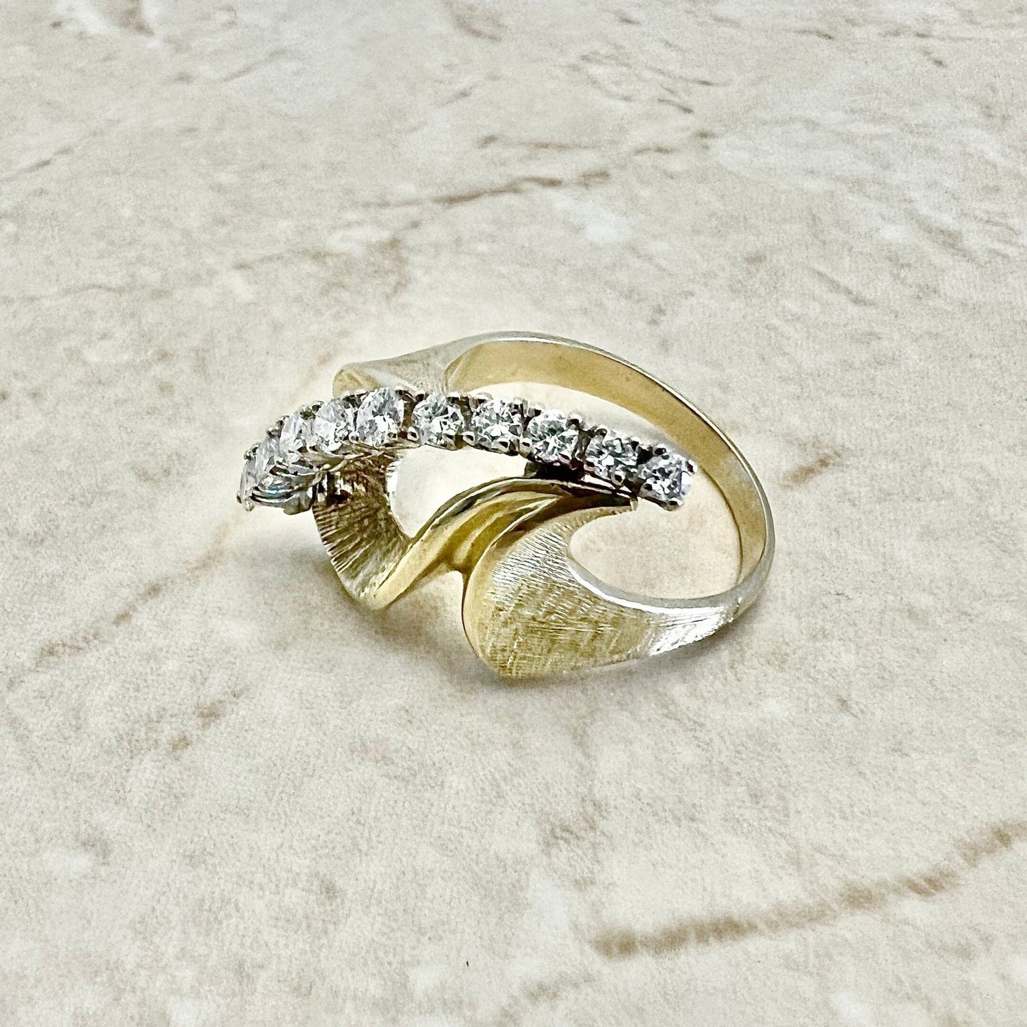 Fine Vintage 14K Diamond Cocktail Ring - Gold Graduated Diamond Ring - Two Tone Yellow & White Gold - Birthday Gift For Her - Best Gift
