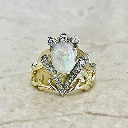 Fine Vintage 14 Karat Two - Tone Gold Opal & Diamond Statement Ring - WeilJewelry
