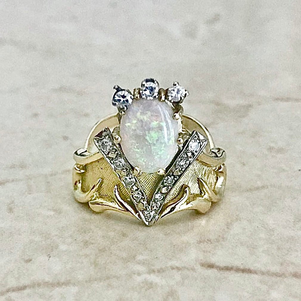Vintage Opal Ring with Diamond Halo. Round Shaped Cluster Ring in Yellow  Gold with Platinum Top, Art Deco 1920s. - Addy's Vintage