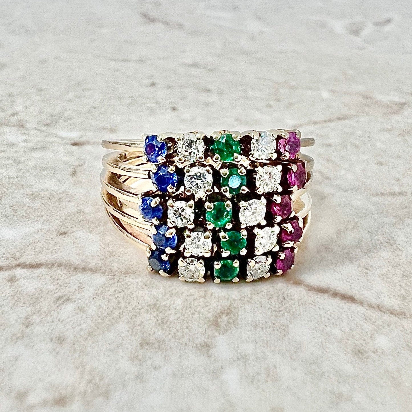 Vintage 14K Diamond, Emerald, Sapphire & Ruby Band Ring - Yellow Gold Cocktail Ring - Birthstone Ring - Birthday Gift - Best Gift For Her