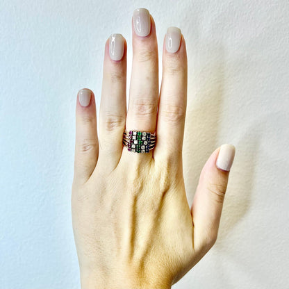 Vintage 14K Diamond, Emerald, Sapphire & Ruby Band Ring - Yellow Gold Cocktail Ring - Birthstone Ring - Birthday Gift - Best Gift For Her