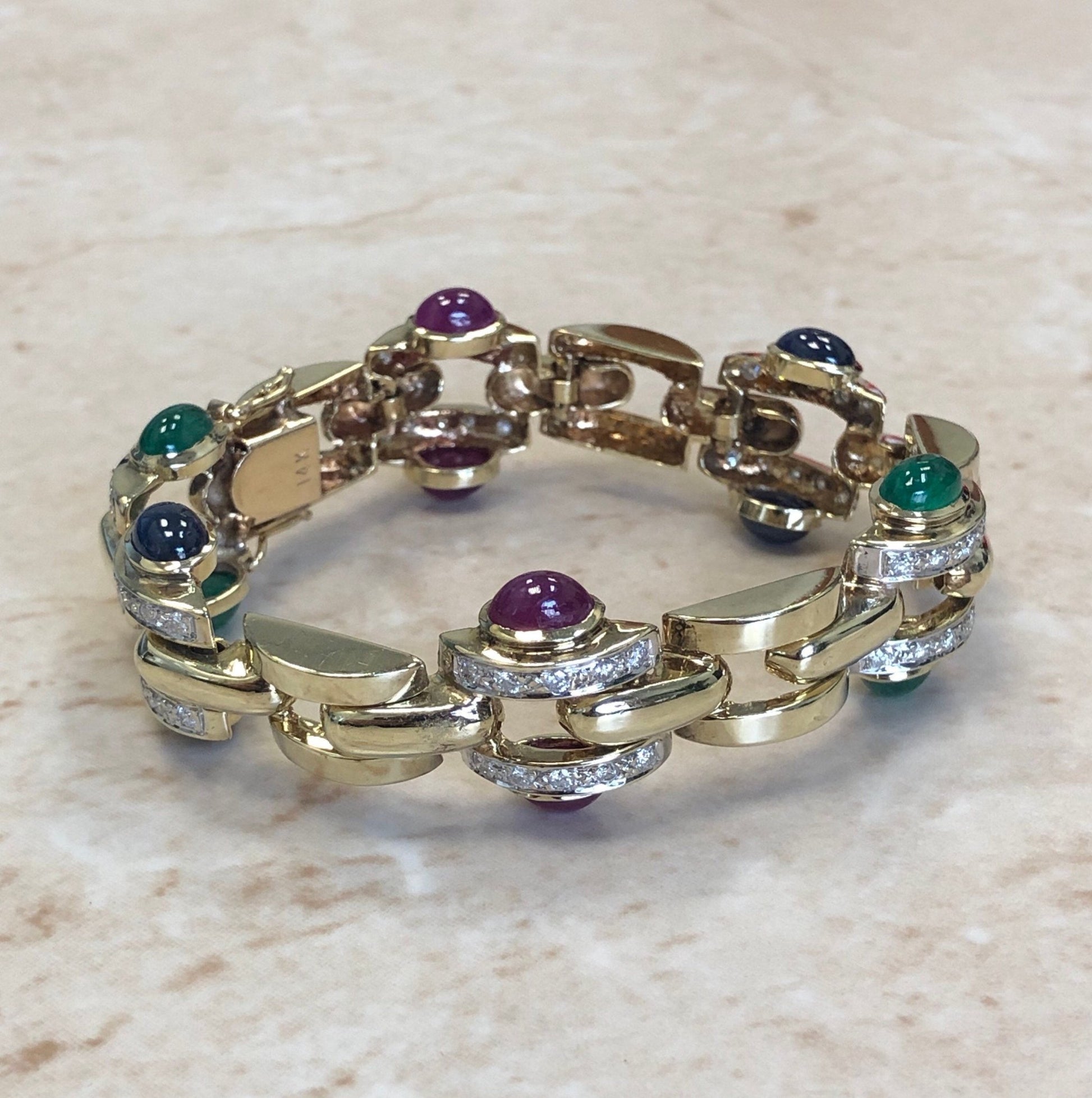 Fine Vintage Diamond, Sapphire, Ruby & Emerald Link Bracelet - 14 Karat Yellow Gold - Circa 1980s - Birthday Gift