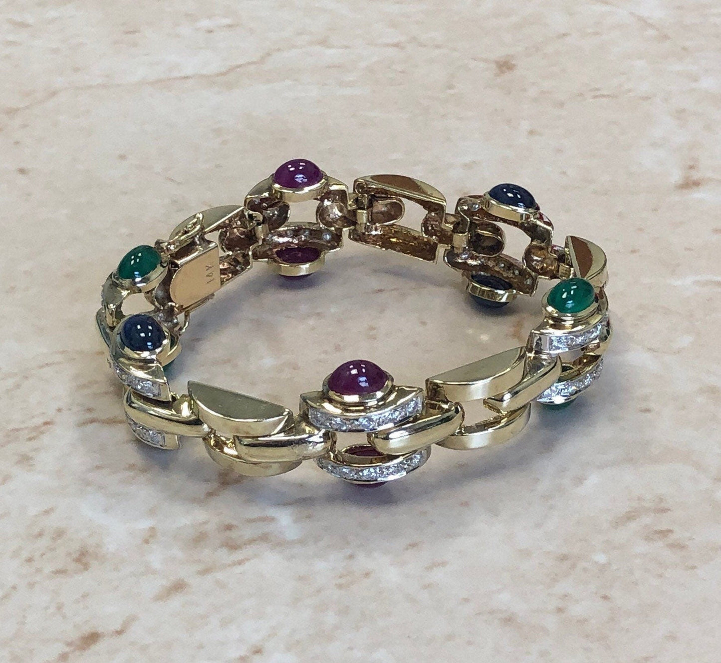 Fine Vintage Diamond, Sapphire, Ruby & Emerald Link Bracelet - 14 Karat Yellow Gold - Circa 1980s - Birthday Gift