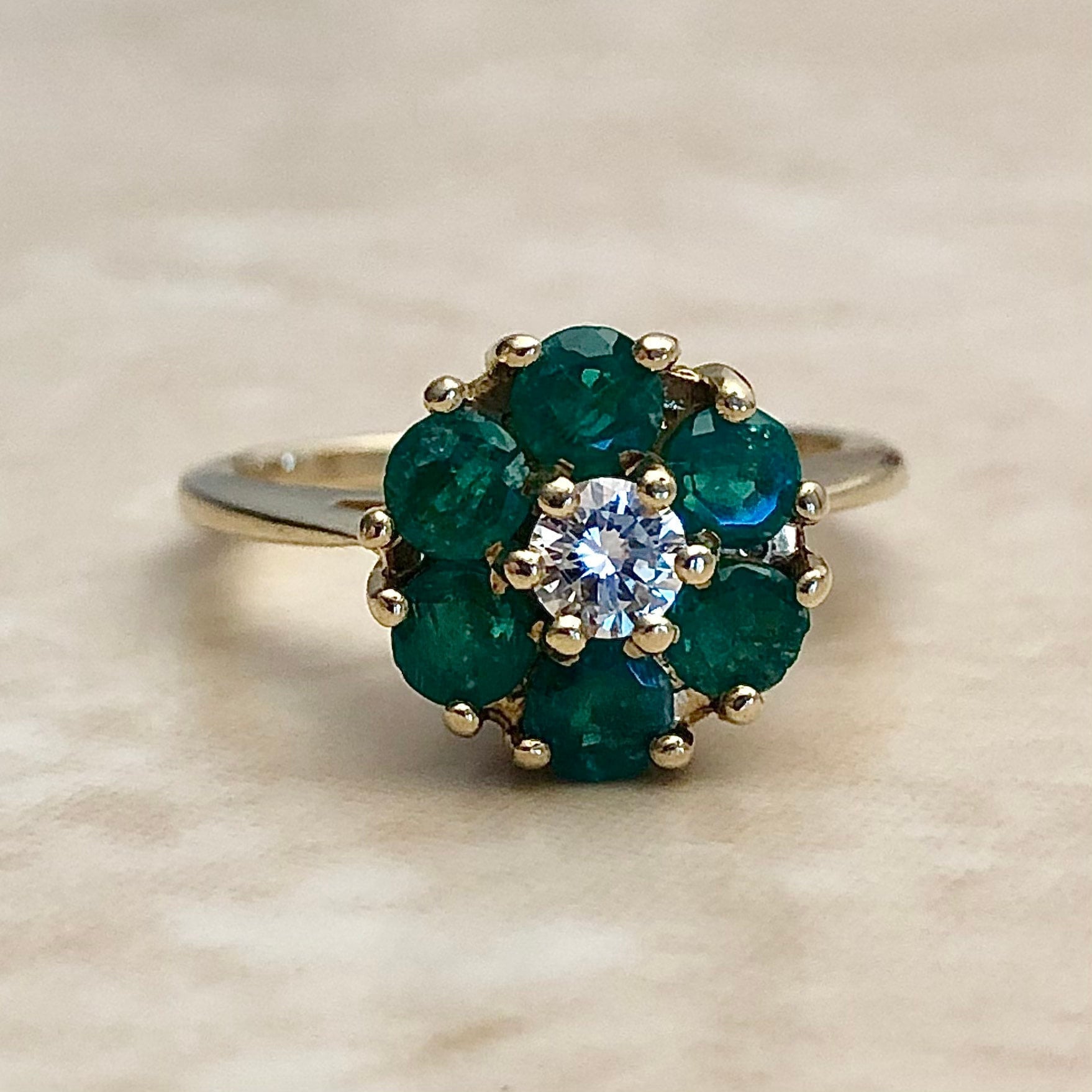 Fine Vintage 14 Karat Yellow Gold Diamond & Natural Emerald Halo Ring - April May Brithstone Gift - Cocktail Ring - Promise Ring - Size 6.25
