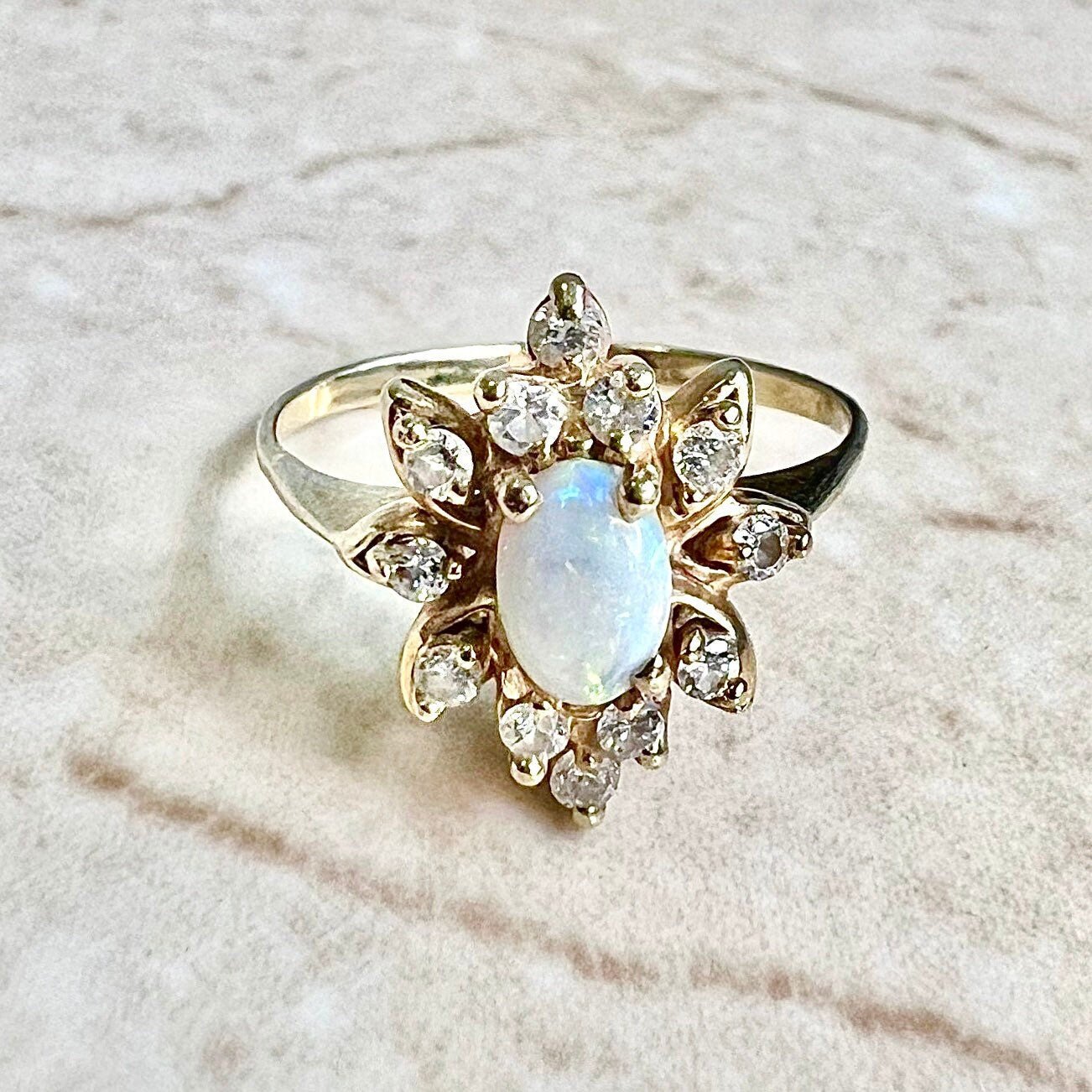 Fine Vintage Diamond & Natural Opal Halo Ring - 14 Karat Yellow Gold Flower Ring - October Birthstone - Birthday Gift - Best Gifts For Her