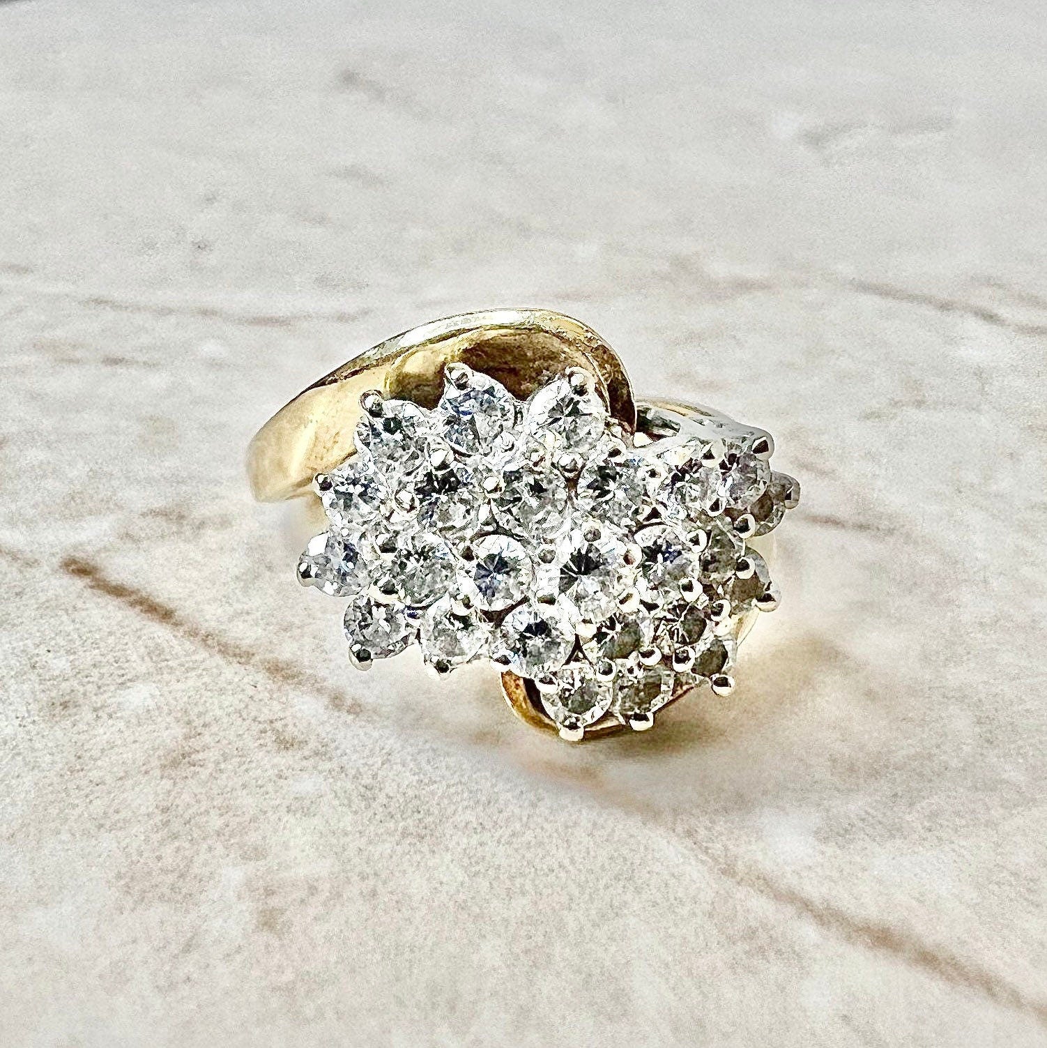 Fine Vintage 14K Diamond Cluster Cocktail Ring 1.35 CT - Two Tone Gold Diamond Ring - Best Gift For Her - Statement Ring - Anniversary Gift