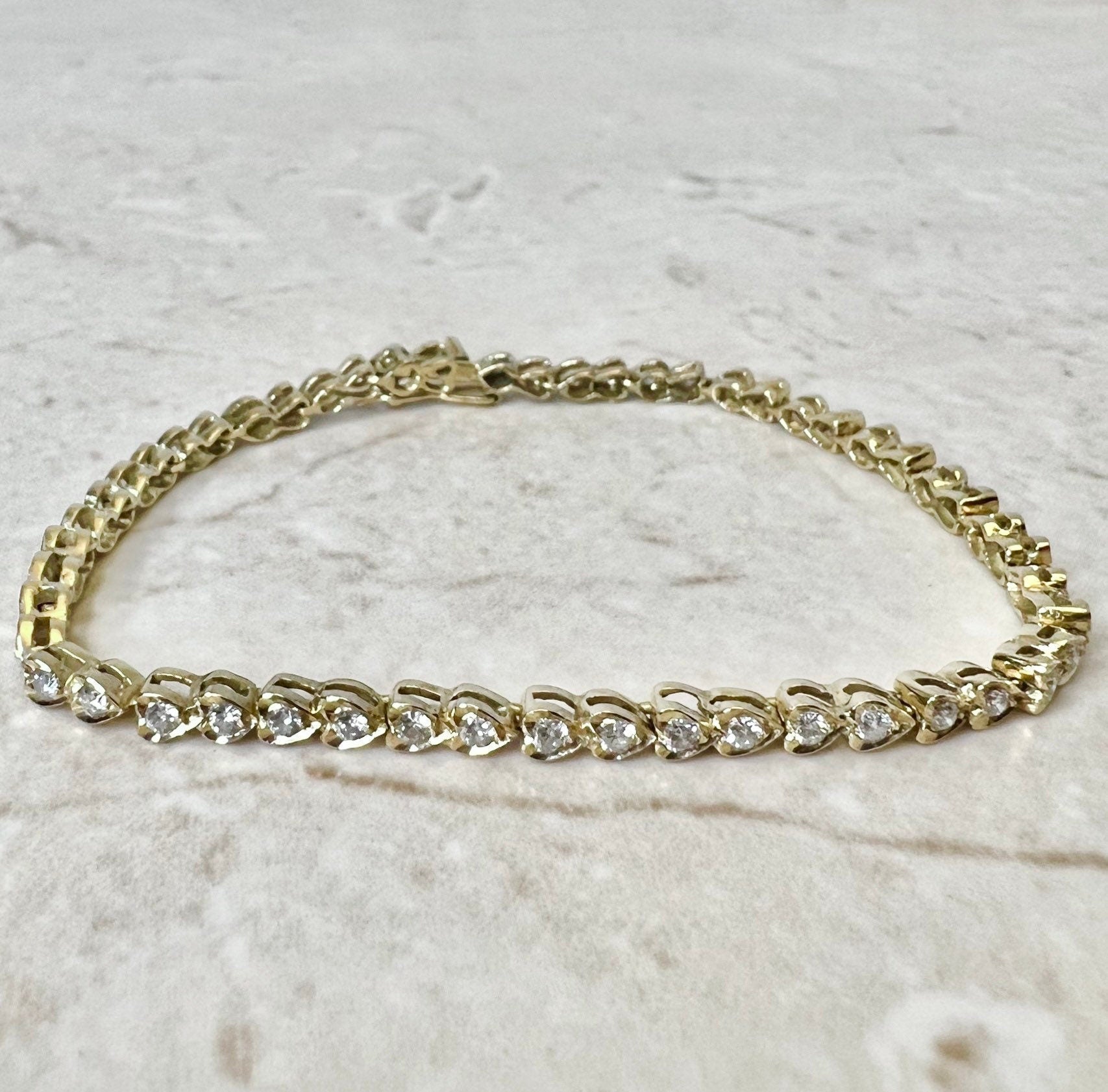 Fine Vintage 18K Heart Diamond Tennis Bracelet 1.20 CTTW - Yellow Gold Tennis Bracelet - Diamond Bracelet - Valentine’s Day Gifts For Her