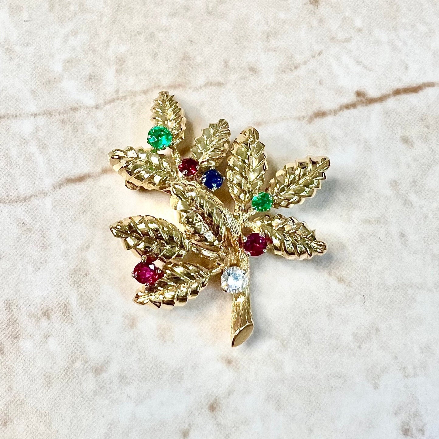 Fine Vintage 18K Diamond, Sapphire, Emerald & Ruby Floral Brooch By Carvin French - 18K Yellow Gold Leaf Brooch - Solid 18K Gold Brooch Pin