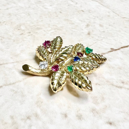 Fine Vintage 18K Diamond, Sapphire, Emerald & Ruby Floral Brooch By Carvin French - 18K Yellow Gold Leaf Brooch - Solid 18K Gold Brooch Pin