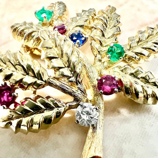 Fine Vintage 18 Karat Yellow Gold Diamond, Sapphire, Emerald & Ruby Floral Brooch By Carvin French - WeilJewelry
