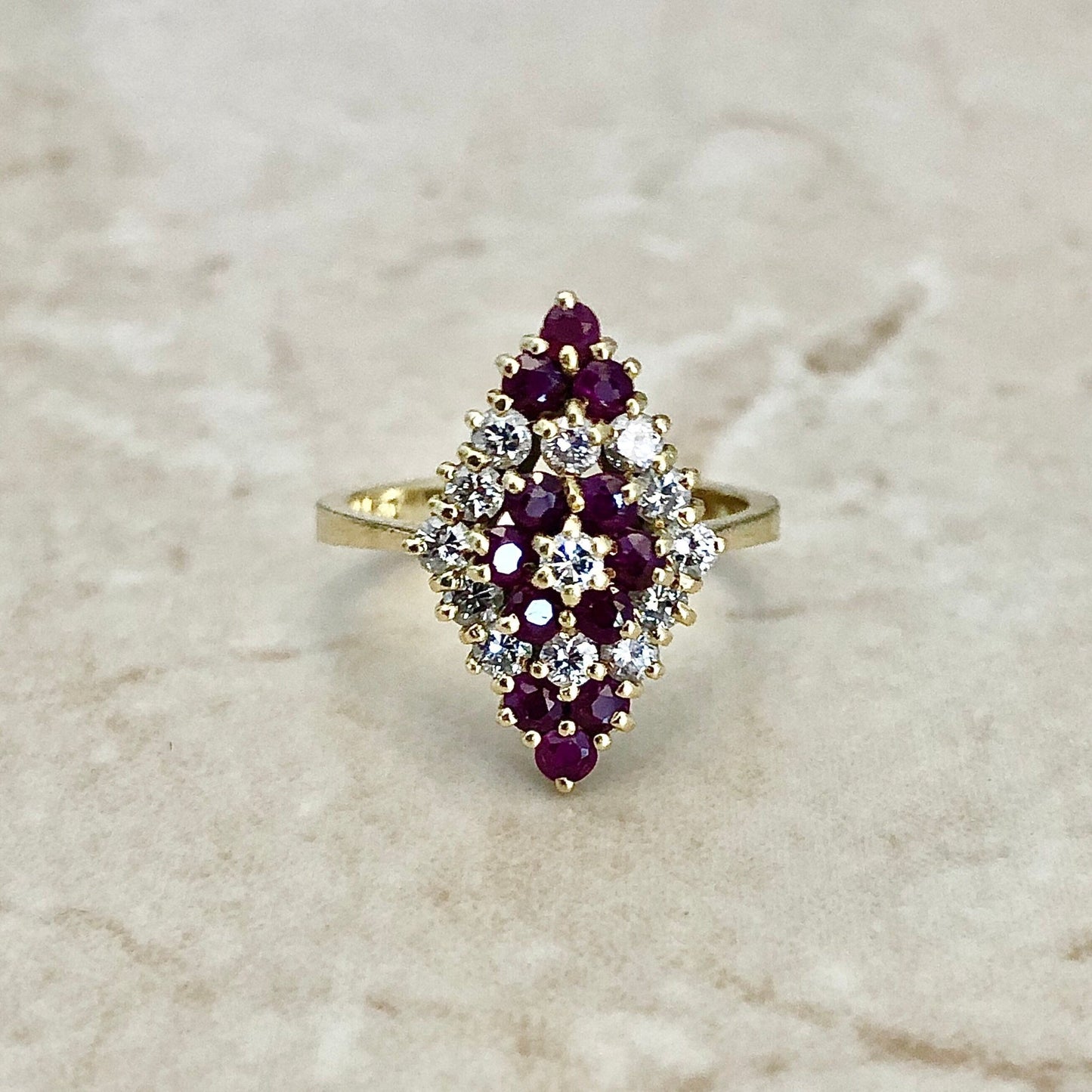 Fine Vintage 18K Ruby & Diamond Navette Ring - Yellow Gold Cocktail Ring - Ruby Ring - July Birthstone - Anniversary Ring - Birthday Gift