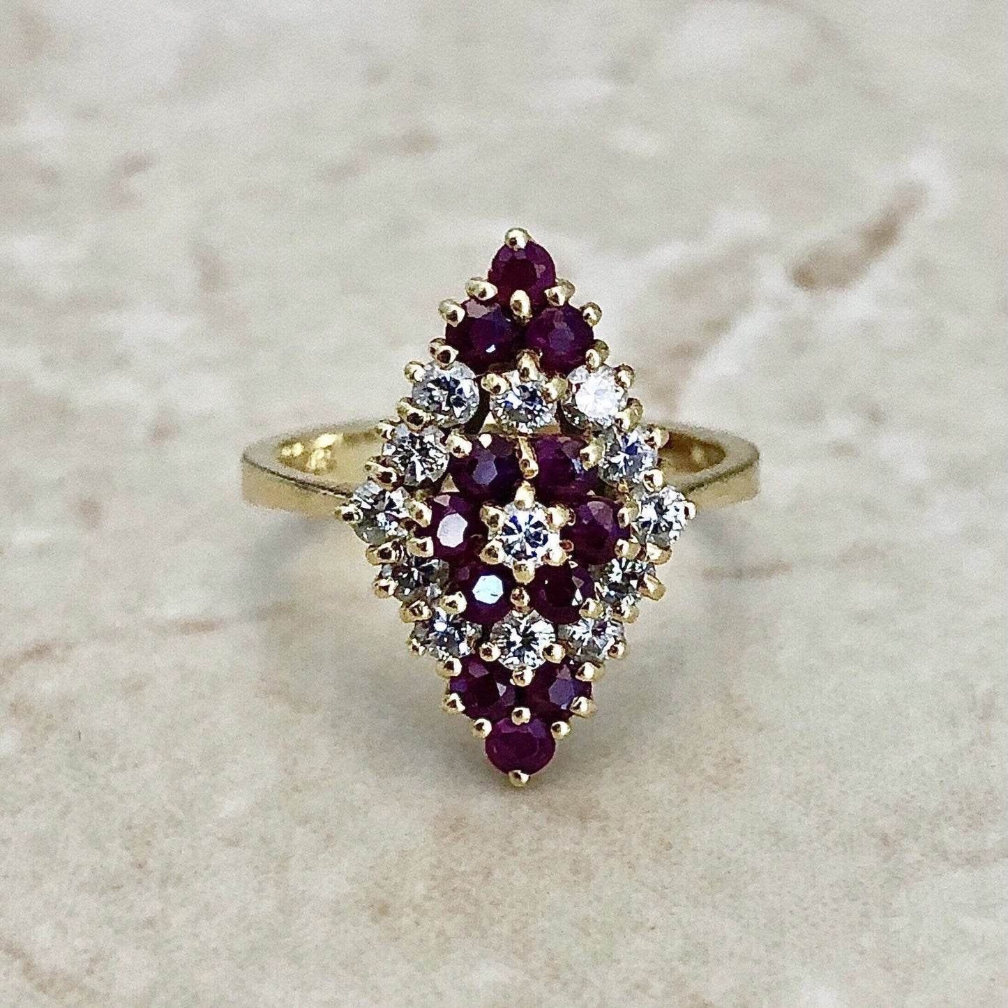 Fine Vintage 18K Ruby & Diamond Navette Ring - Yellow Gold Cocktail Ring - Ruby Ring - July Birthstone - Anniversary Ring - Birthday Gift
