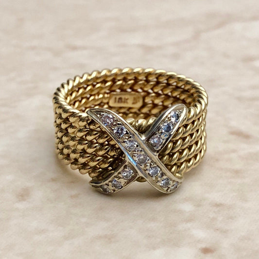Fine Vintage Rope Diamond Ring - 18K Two Tone Gold - Diamond Cocktail Ring - Size 6.25 US - Birthday Gift