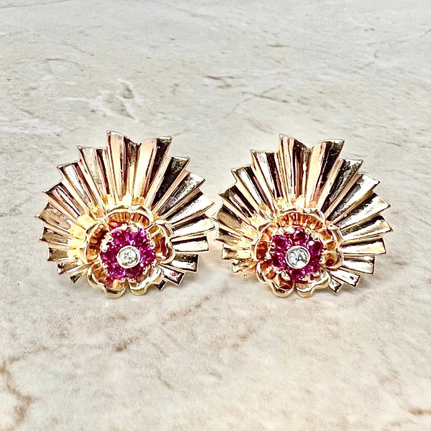 Vintage 1940’s Retro 14K Diamond And Ruby Clip On Earrings - Rose Gold Ruby Earrings - Retro Earrings - July Birthstone - Best Gift For Her