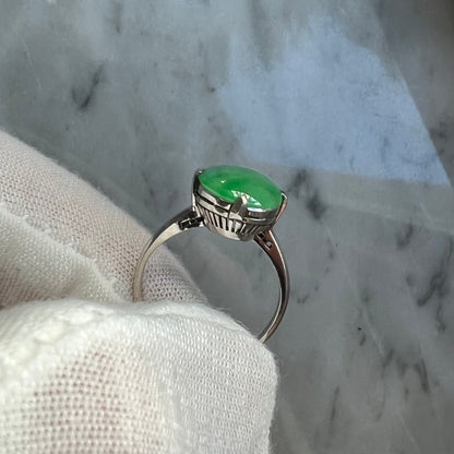Fine Filigree Platinum Natural Jadeite Cocktail Ring - Jade Ring - Green Jadeite Ring - Size 4.75 US - Birthday Gift
