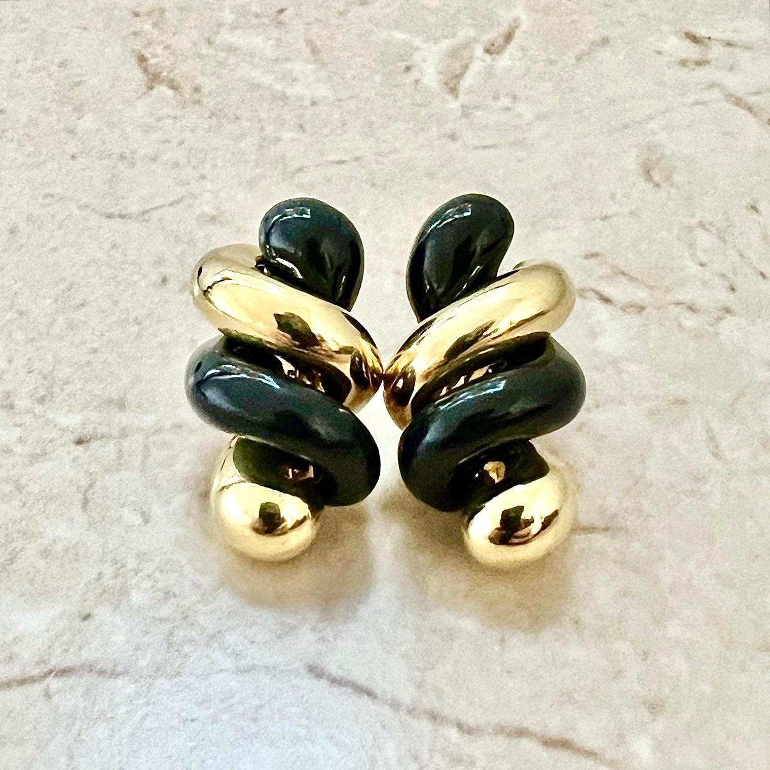 Fine Vintage 18 Karat Gold & Onyx Earrings By Carvin French - Gold Spiral Earrings - Statement Earrings - Cocktail Earrings - Gifts For Mom