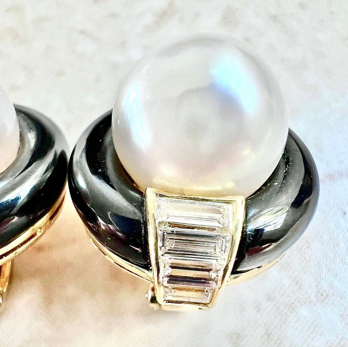 Handcrafted 18K South Sea Pearl, Diamond & Onyx Earrings By Carvin French - Vintage Pearl Earrings - Statement Earrings - Cocktail Earrings