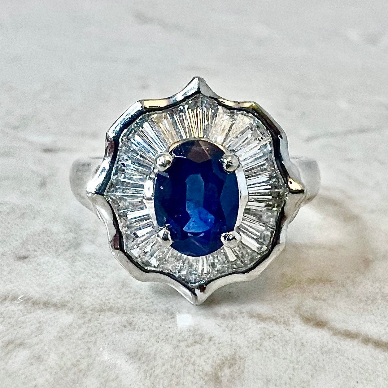 Fine Vintage Platinum Sapphire & Diamond Halo Ring - Sapphire Engagement Ring - Sapphire Cocktail Ring - Birthday Gift