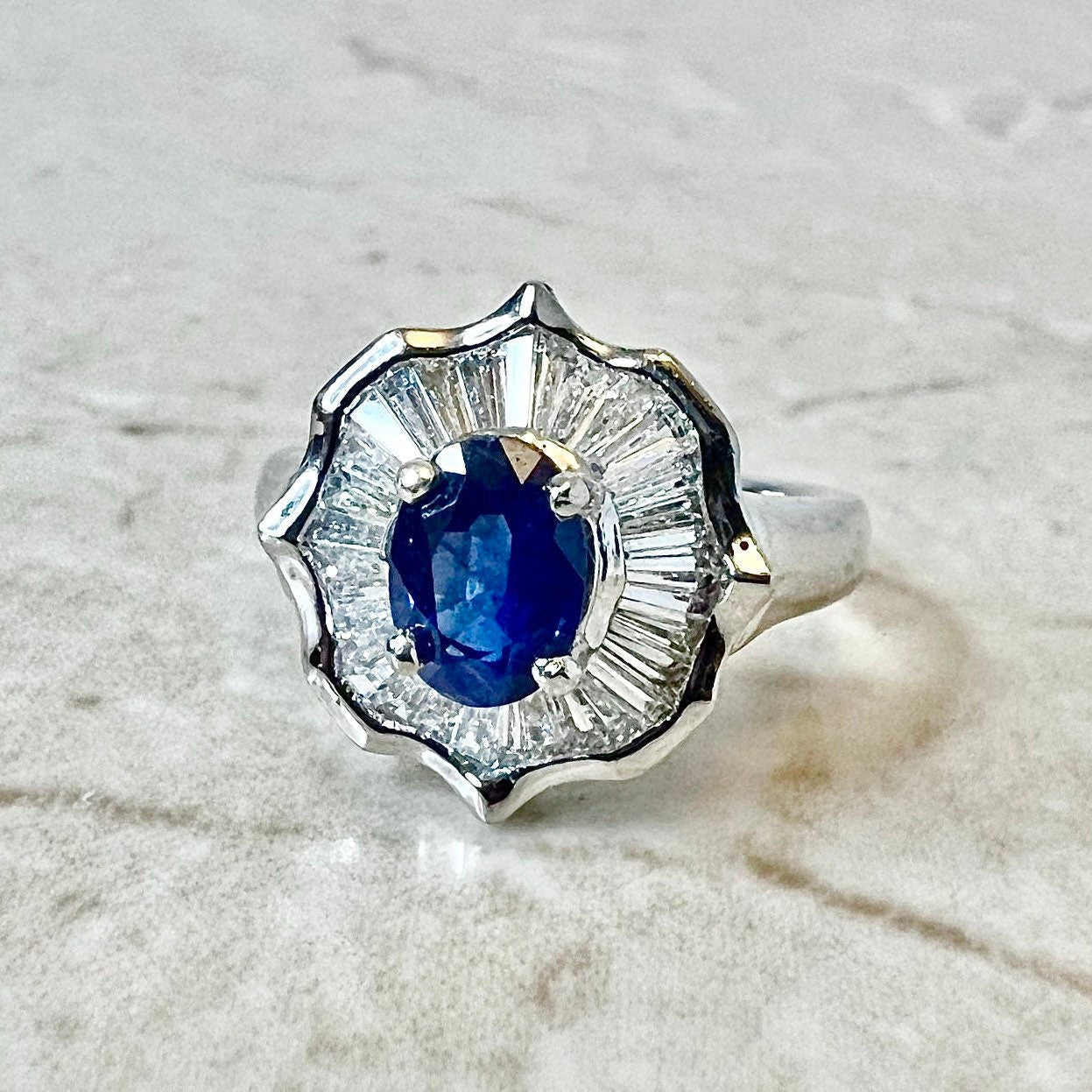 Fine Vintage Platinum Sapphire & Diamond Halo Ring - Sapphire Engagement Ring - Sapphire Cocktail Ring - Birthday Gift