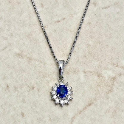 Fine Vintage Platinum Sapphire & Diamond Halo Pendant Necklace - Sapphire Necklace - Birthday Gift - April September Birthstone Gift For Her