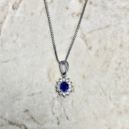 Fine Vintage Platinum Sapphire & Diamond Halo Pendant Necklace - Sapphire Necklace - Birthday Gift - April September Birthstone Gift For Her