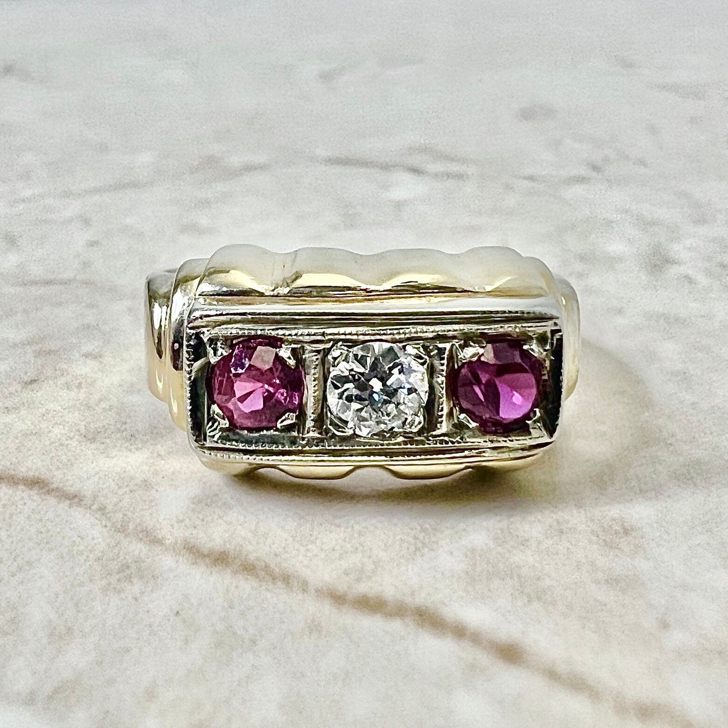 Fine Vintage Retro 14K Diamond & Synthetic Ruby Cocktail Ring - Gold Retro Ring - Circa 1940 - Valentine’s Day Gift For Her - Jewelry Sale