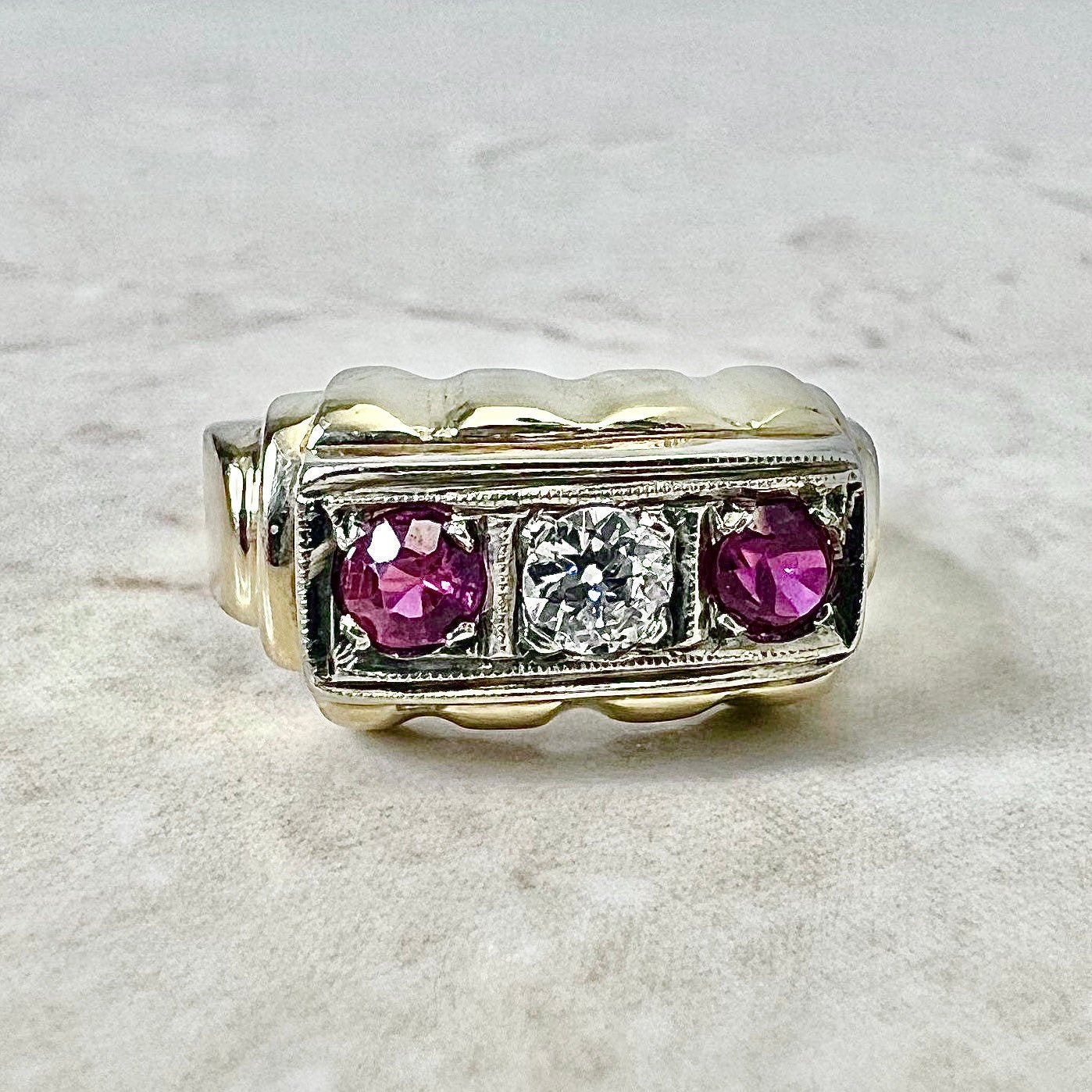 Fine Vintage Retro 14K Diamond & Synthetic Ruby Cocktail Ring - Gold Retro Ring - Circa 1940 - Valentine’s Day Gift For Her - Jewelry Sale