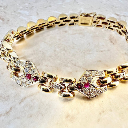 Vintage French 18K Ruby & Diamond Link Bracelet - Yellow Gold Ruby Bracelet - July Birthstone - Birthday Gift - Best Gift For Her