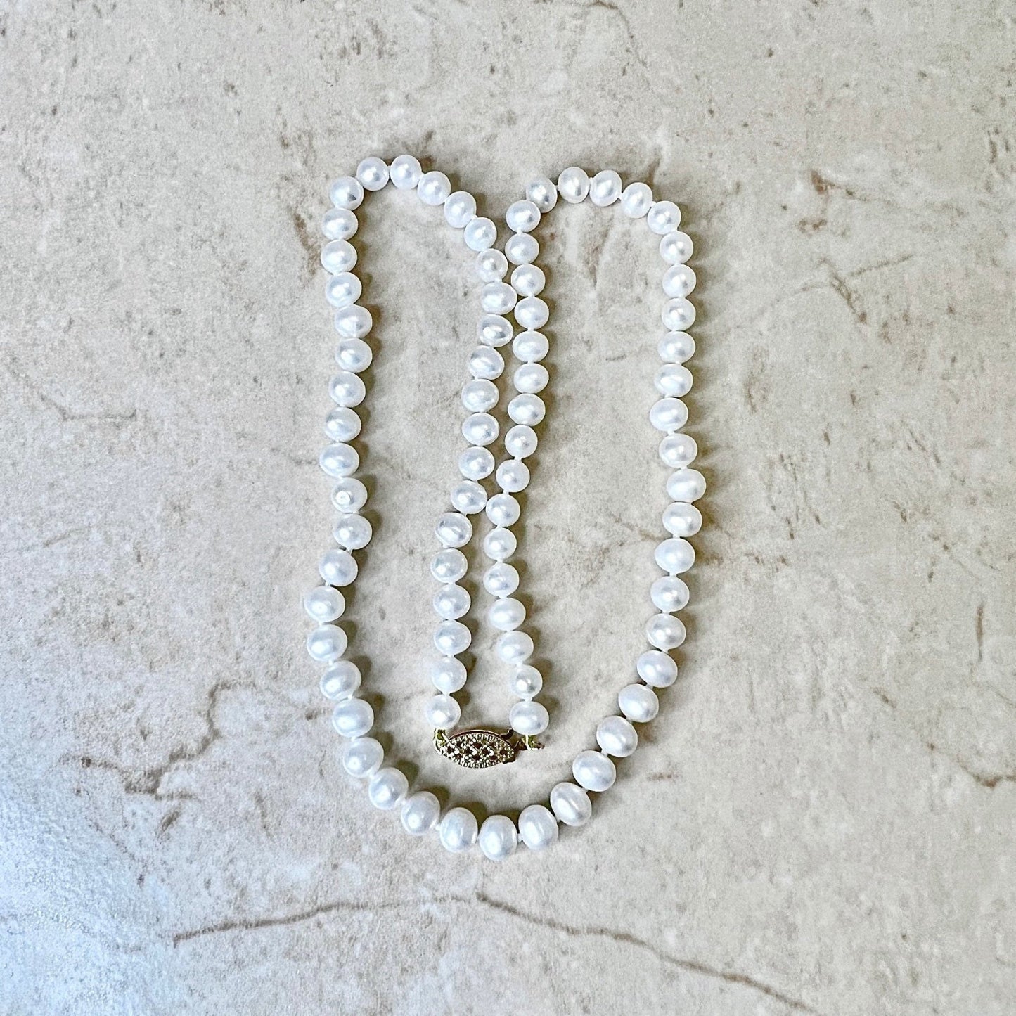 Pearl Necklace Freshwater White Pearl Strand With 14K Yellow Gold Clasp - Genuine Pearls - Birthday Gift -June Birthstone -Best Gift For Her