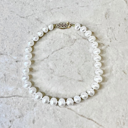 Pearl Bracelet Freshwater White Pearl Strand With 14K Yellow Gold Clasp - Genuine Pearls - Birthday Gift -June Birthstone -Best Gift For Her