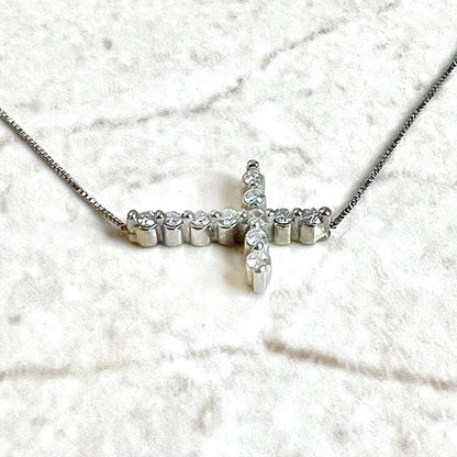 Horizontal 18 Karat White Gold Diamond Cross Pendant Necklace - WeilJewelry